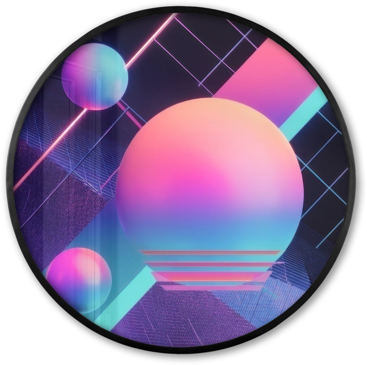 FrameYourWall Poster in lijst Rond - Fotolijst 60x60 cm - Posters - Cirkels - Vlakken - Abstract - Blauw - Ronde posterlijst zwart - Decoratie - Wanddecoratie woonkamer - Muurdecoratie slaapkamer Cirkels - Neon