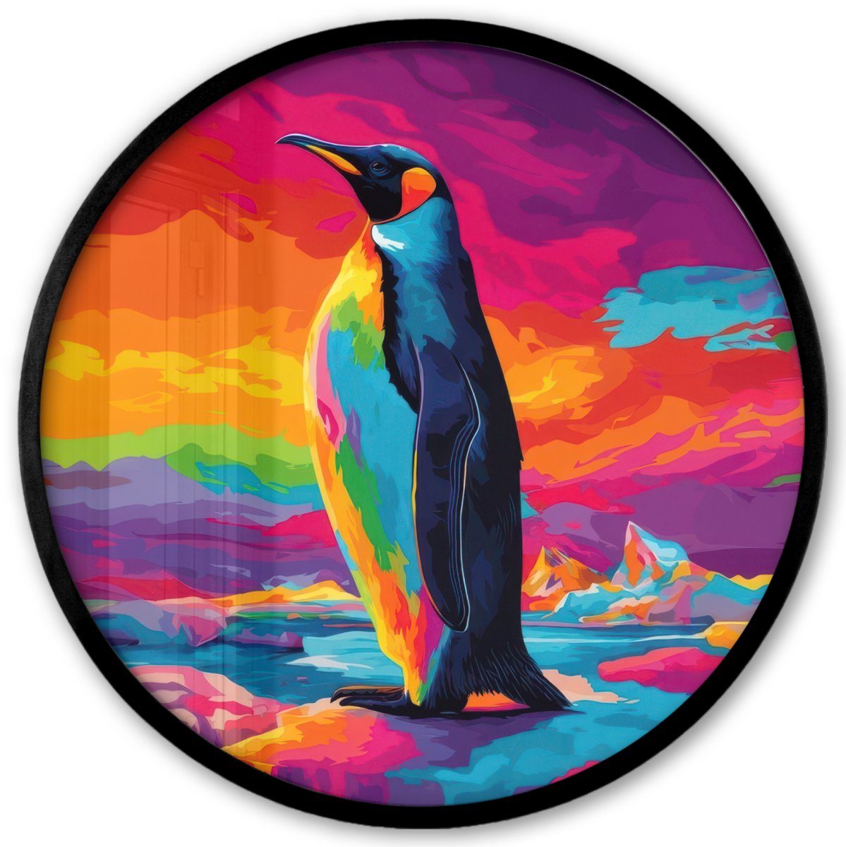 FrameYourWall Poster in lijst Rond - Fotolijst 40x40 cm - Posters - Ijsschots - Pinguïn - Abstract - Lucht - Ronde posterlijst zwart - Decoratie - Wanddecoratie woonkamer - Muurdecoratie slaapkamer Pinguïn - Kleurrijk