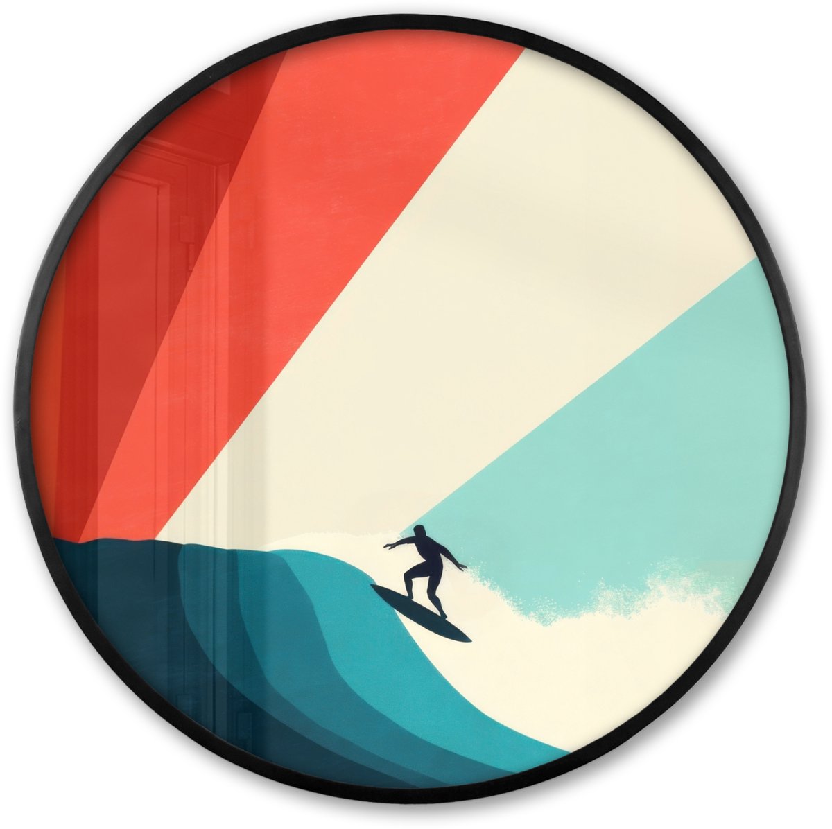FrameYourWall Poster in lijst Rond - Fotolijst 60x60 cm - Posters - Surfer - Abstract - Golven - Zonnestralen - Ronde posterlijst zwart - Decoratie - Wanddecoratie woonkamer - Muurdecoratie slaapkamer