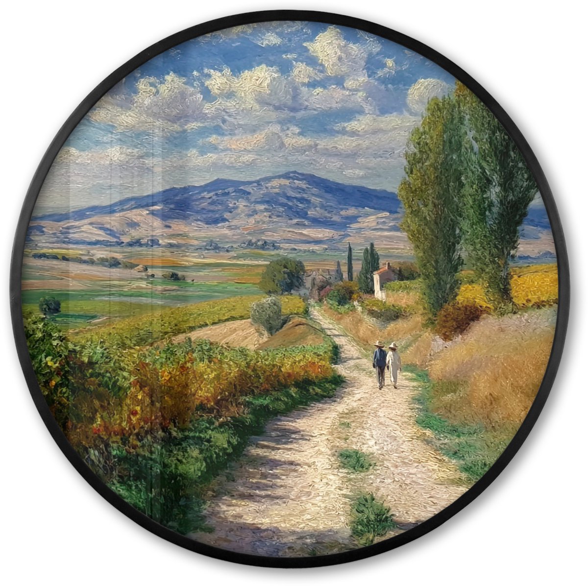 FrameYourWall Poster in lijst Rond - Fotolijst 80x80 cm - Posters - Mensen - Wandelen - Zandpad - Velden - Ronde posterlijst zwart - Decoratie - Wanddecoratie woonkamer - Muurdecoratie slaapkamer Zandpad - Velden - Bergen