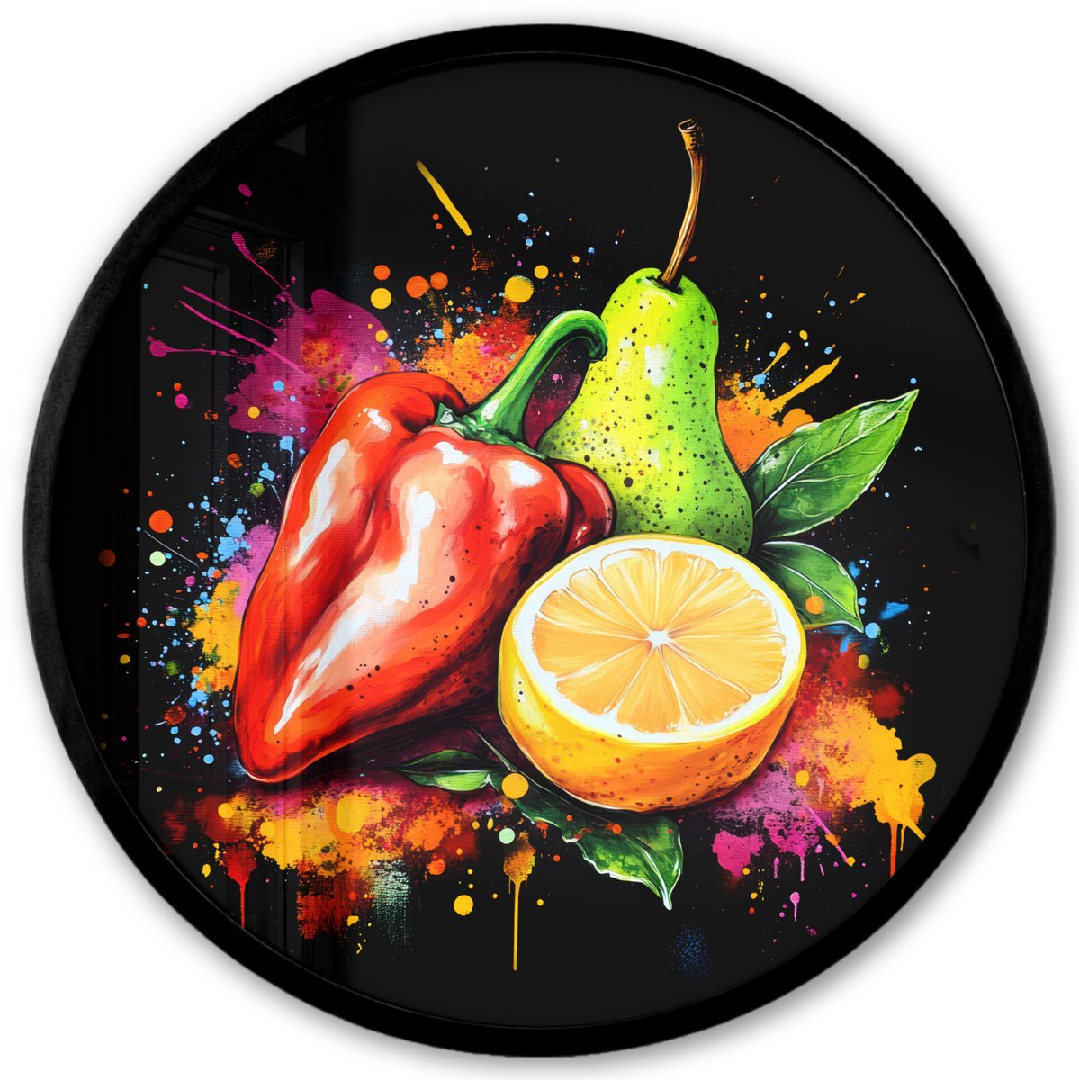 FrameYourWall Poster in lijst Rond - Fotolijst 40x40 cm - Posters - Paprika - Peer - Citroen - Graffiti - Verf - Abstract - Ronde posterlijst zwart - Decoratie - Wanddecoratie woonkamer - Muurdecoratie slaapkamer Graffiti - Fruit - Stuks