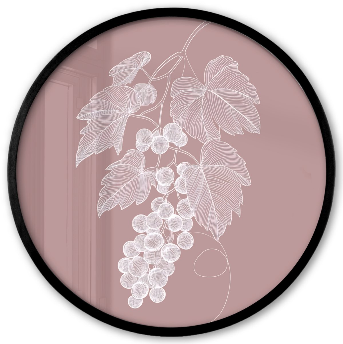 FrameYourWall Poster in lijst Rond - Fotolijst 40x40 cm - Posters - Tros - Druiven - Illustratie - Bladeren - Ronde posterlijst zwart - Decoratie - Wanddecoratie woonkamer - Muurdecoratie slaapkamer