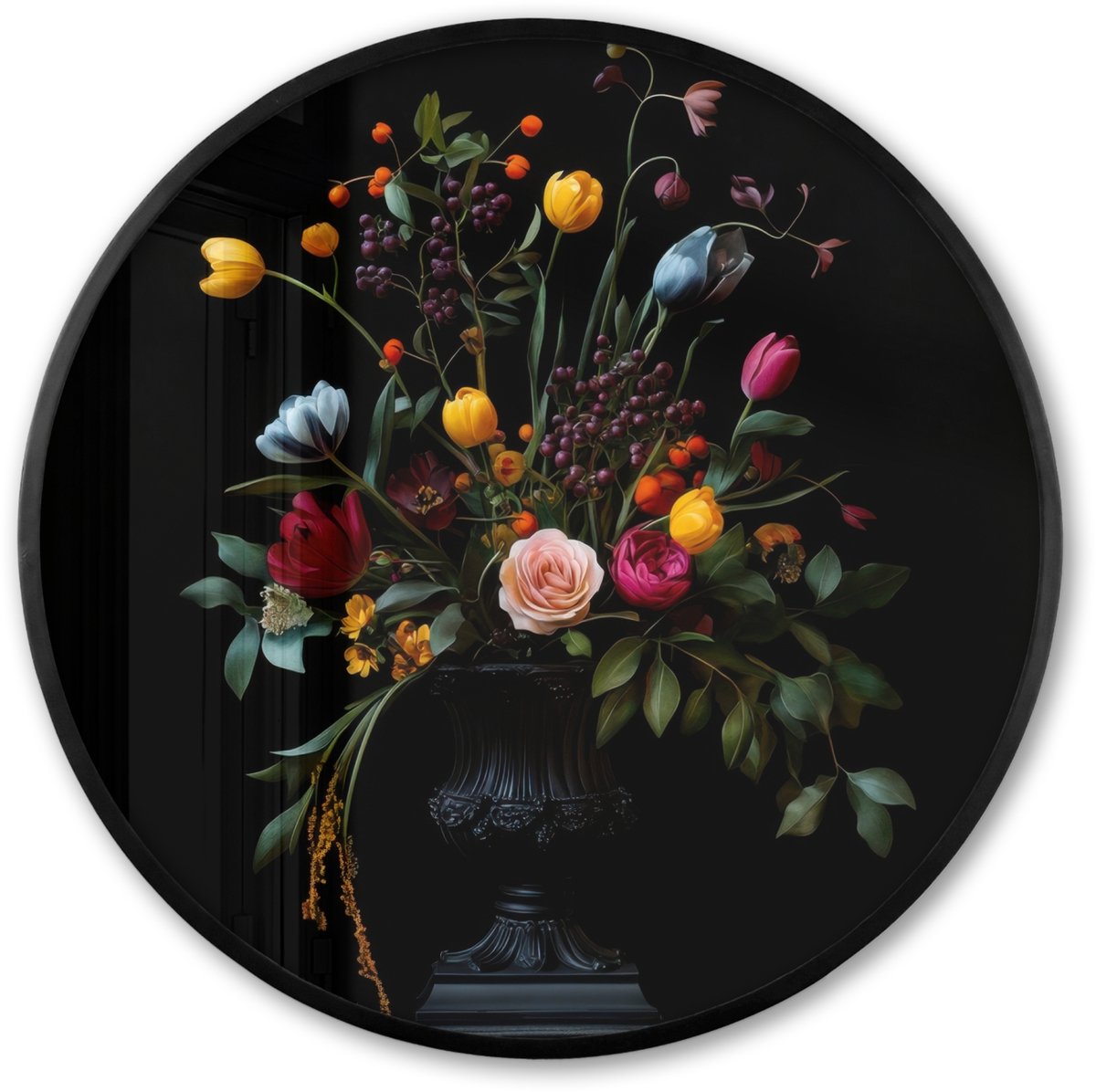 FrameYourWall Poster in lijst Rond - Fotolijst 60x60 cm - Posters - Klassiek - Vaas - Boeket - Bloemen - Ronde posterlijst zwart - Decoratie - Wanddecoratie woonkamer - Muurdecoratie slaapkamer Boeket - Bloemen 4