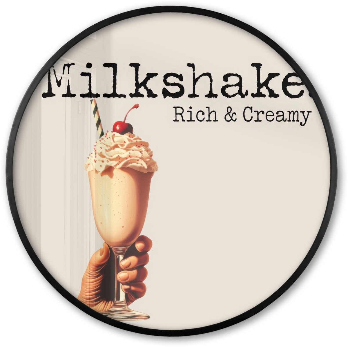FrameYourWall Poster in lijst Rond - Fotolijst 80x80 cm - Posters - Milkshake - Kers - Rietje - Ronde posterlijst zwart - Decoratie - Wanddecoratie woonkamer - Muurdecoratie slaapkamer Milkshake - Tekst