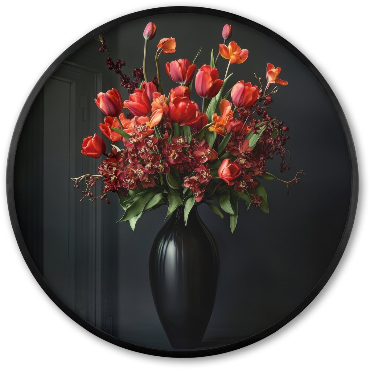 FrameYourWall Poster in lijst Rond - Fotolijst 80x80 cm - Posters - Boeket - Tulpen - Vaas - Rood - Ronde posterlijst zwart - Decoratie - Wanddecoratie woonkamer - Muurdecoratie slaapkamer Boeket - Bloemen 2