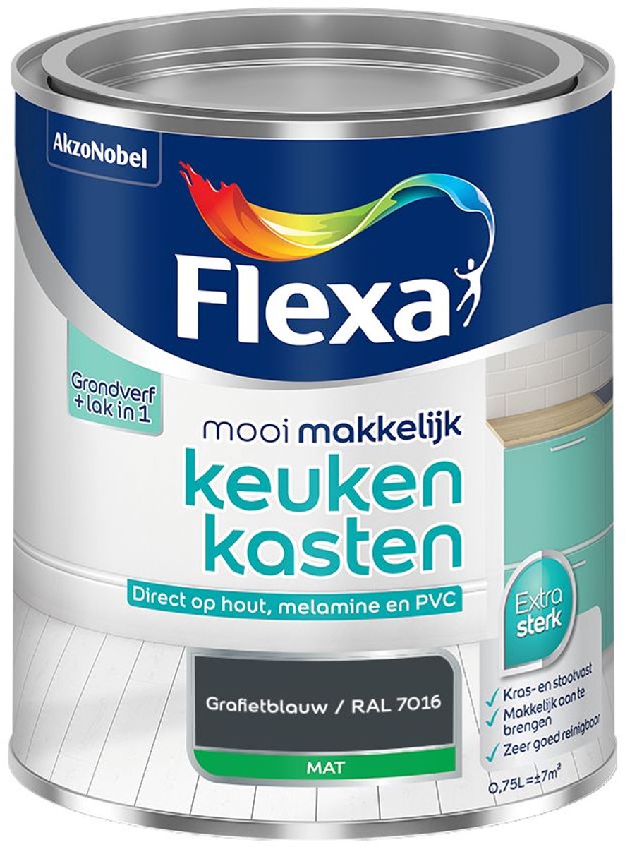 Flexa - Mooi Makkelijk Keukenkasten Mat - Grafietblauw / RAL 7016 - Strak - Mengverf - 0.75 L