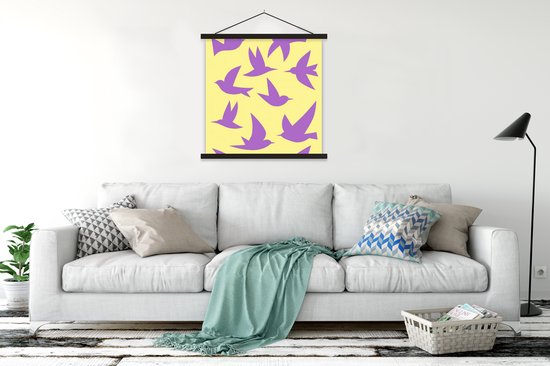 Posterhanger incl. Poster 120x120 cm - Schoolplaat - Vogels - Cirkel - Geel - Beweging - Textielposter - Zwarte latten