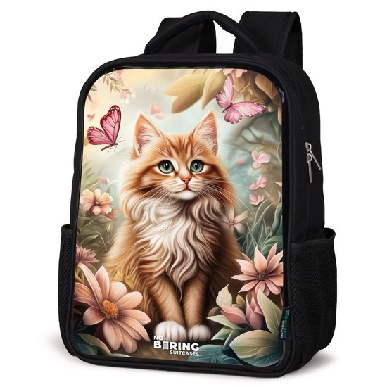 NoBoringSuitcases.com® - Rugzak zwart - Schooltas jongen & meisje - Kat in bloemenveld met roze vlinders. - Rugtas voor school - Boekentas kind - Schoolrugzak - Kinderrugzak