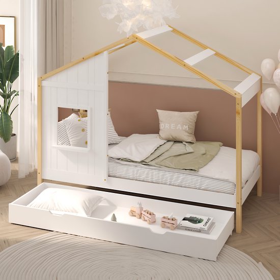 Sunny Beau Lit cabane – Avec tiroir de rangement – Avec protection anti-chute – 208 x 97 x 171 cm – Lit enfant pour filles et garçons – Bois FSC 100% – Taille matelas 90 x 200 – Avec sommier à lattes – Matelas non inclus – Naturel/blanc