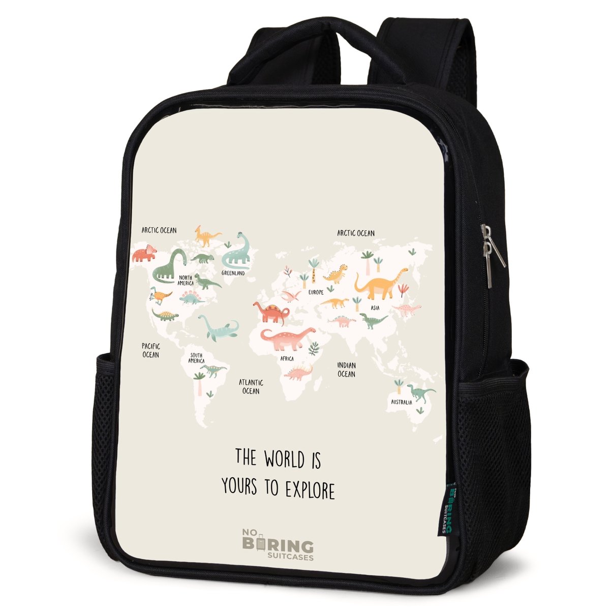NoBoringSuitcases.com® - Rugzak zwart - Schooltas jongen & meisje - Dino wereldkaart - Rugtas voor school - Boekentas kind - Schoolrugzak - Kinderrugzak