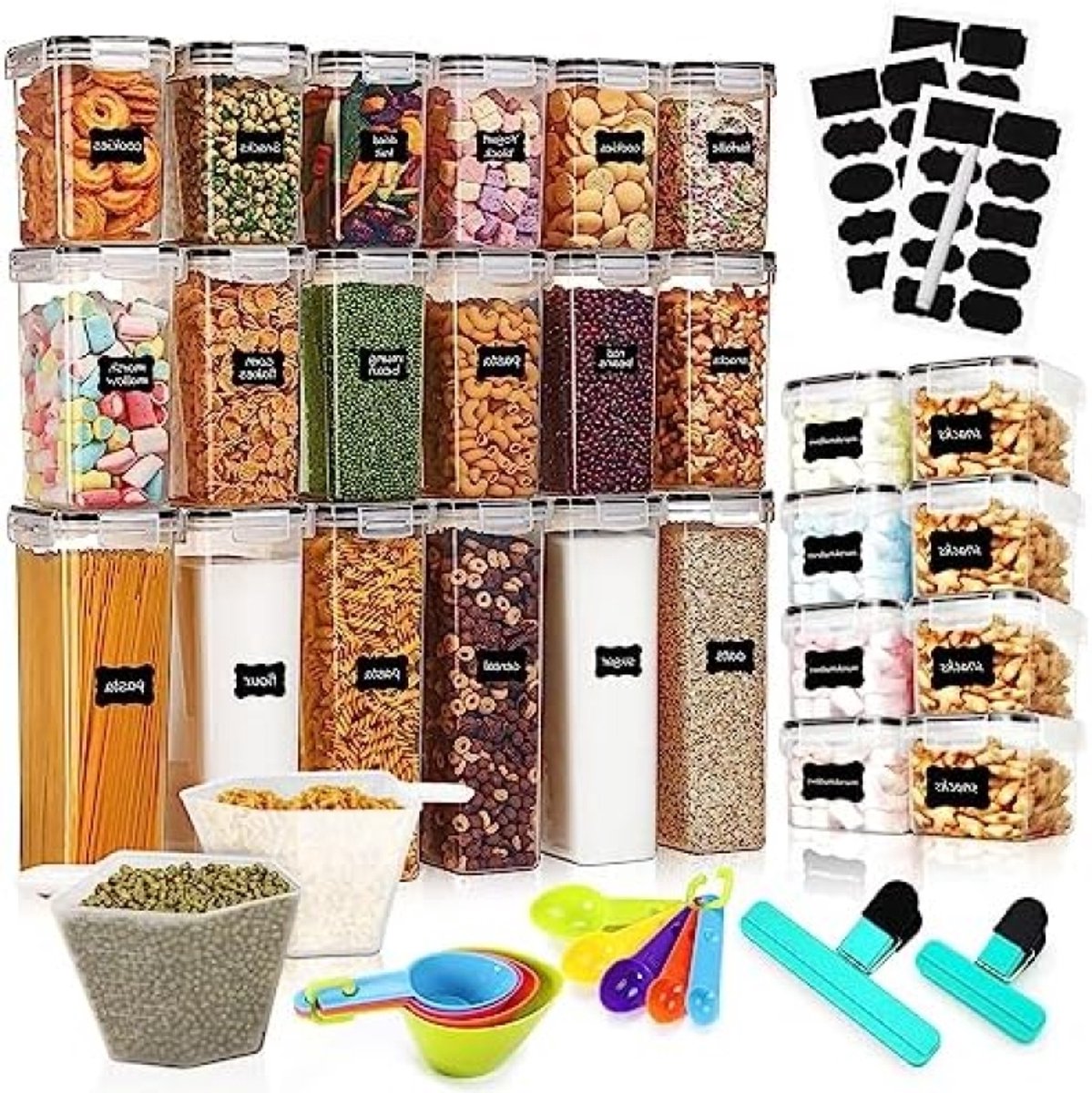 PromoHome 26-delige Voorraaddozen Set - Luchtdichte Keukenbewaarpotten met Etiketten en Lepels - Geschikt voor Meel, Koffiebonen, Muesli, Cornflakes - Wit