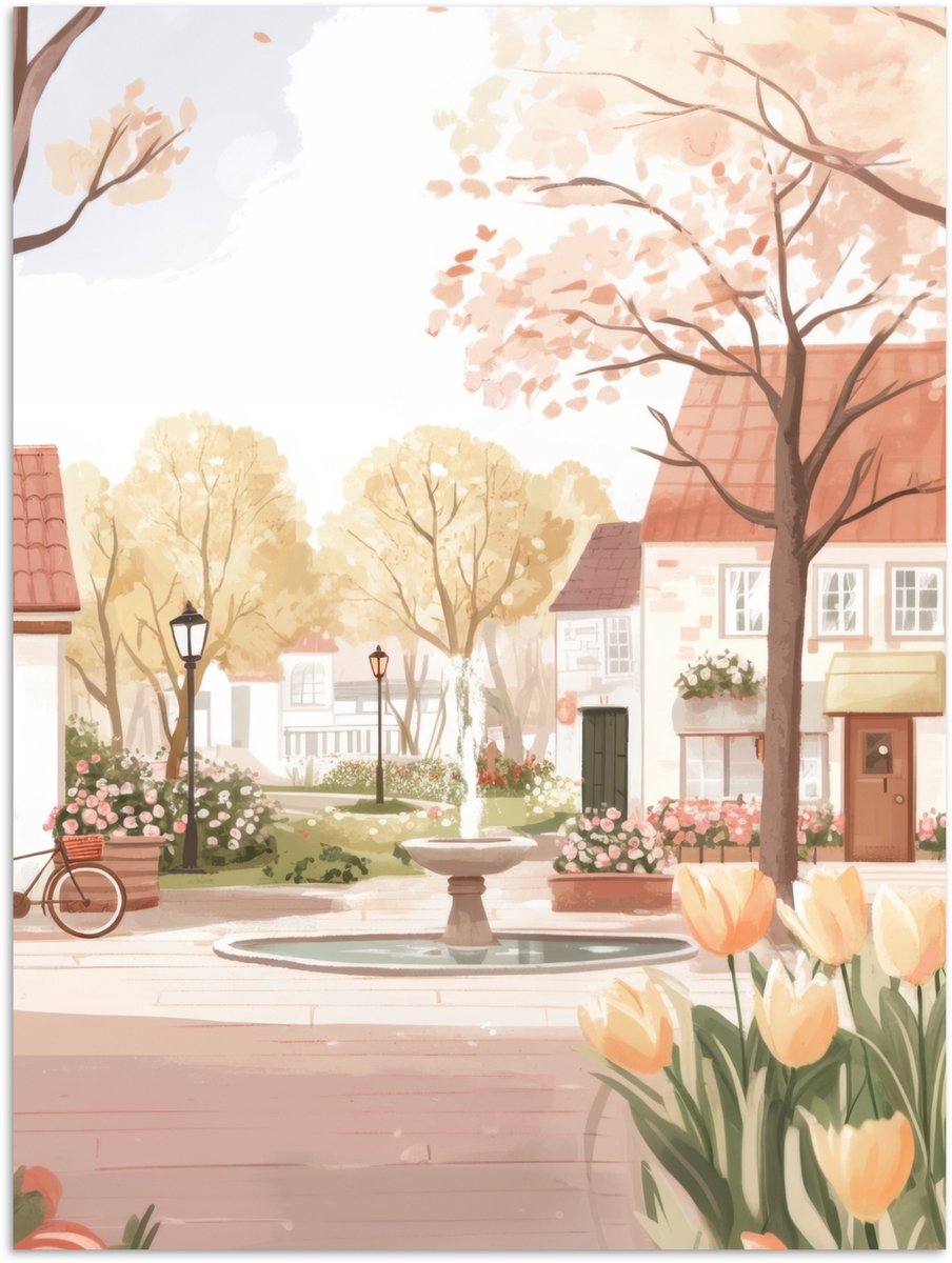 Poster 120x160 cm - Dorpsplein - Fontein - Tulpen - Posters - Kamer decoratie - Wanddecora