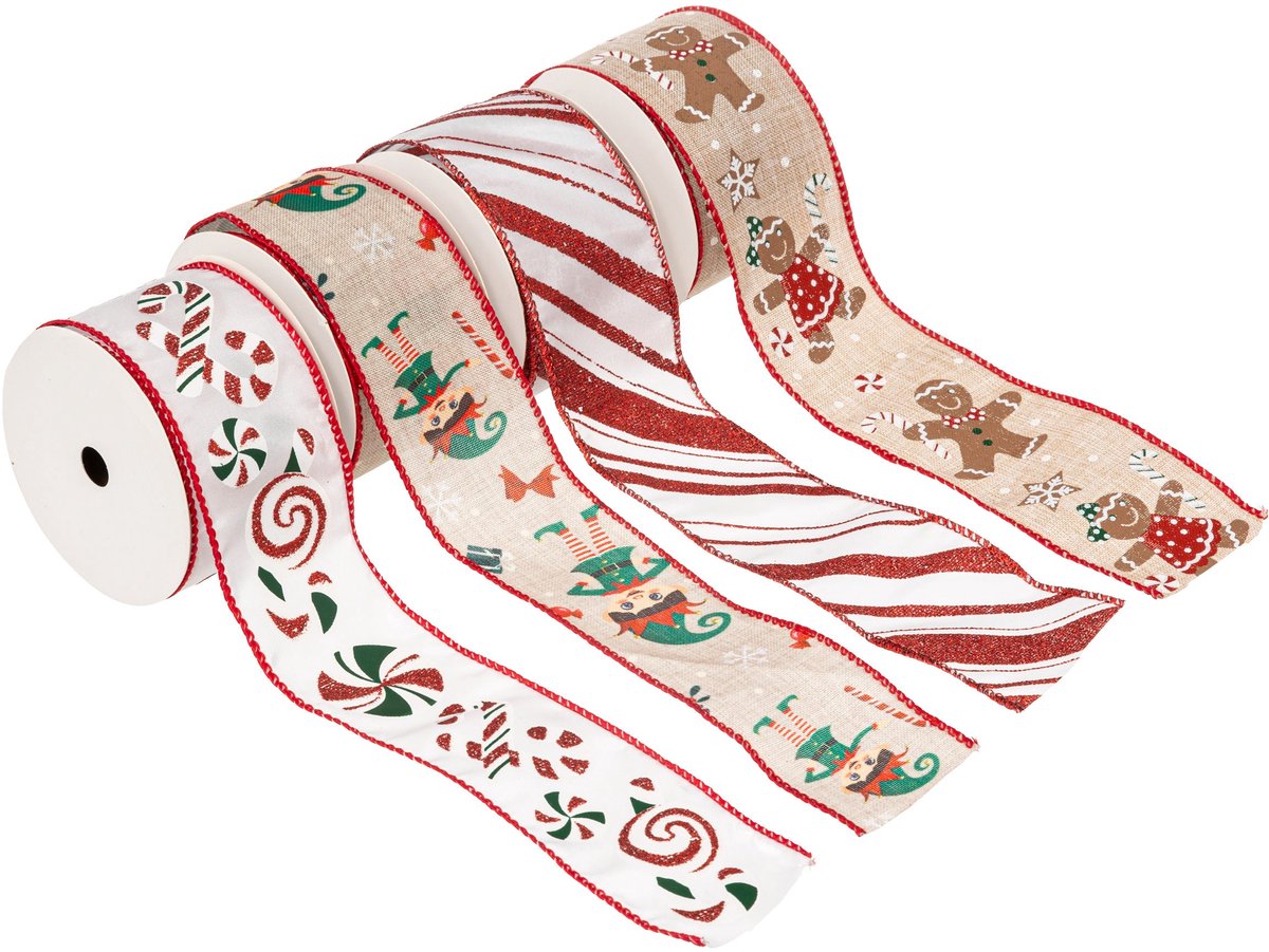 Fééric Lights and Christmas Kerst Lint - Set van 4 stuks - Kerstlint - Cadeauversiering - 5mmx3m - Multi