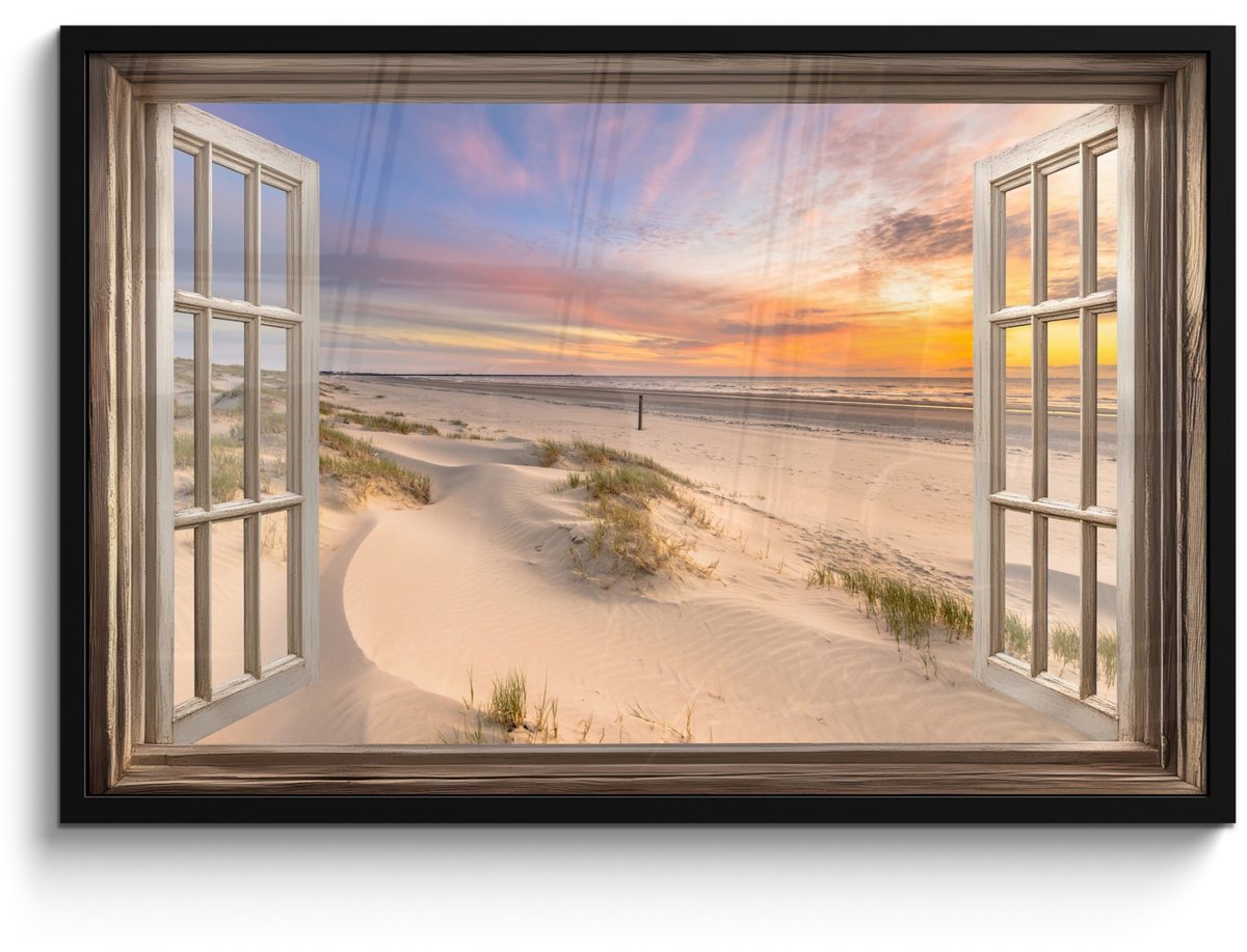 FrameYourWall Poster in lijst - Fotolijst 90x60 cm - Posters - Doorkijk - Strand - Duinen - Natuur - Landschap - Posterlijst zwart - Decoratie - Wanddecoratie woonkamer - Muurdecoratie slaapkamer Zonsondergang - Strand