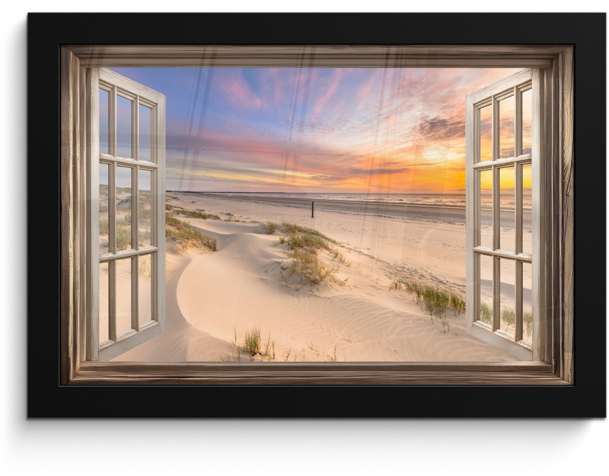 FrameYourWall Poster in lijst - Fotolijst 30x20 cm - Posters - Doorkijk - Strand - Duinen - Natuur - Landschap - Posterlijst zwart - Decoratie - Wanddecoratie woonkamer - Muurdecoratie slaapkamer Zonsondergang - Strand