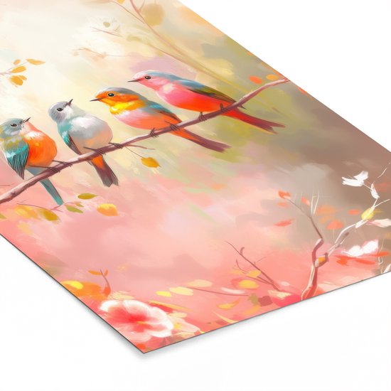 Poster in lijst - Fotolijst 40x60 cm - Posters - Vogels - Kleurrijk - Tak - Posterlijst zwart - Decoratie - Wanddecoratie woonkamer - Muurdecoratie slaapkamer