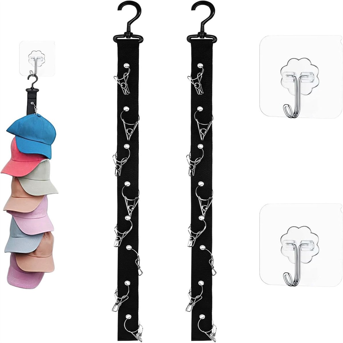 Peysaitr - 2-delige hoedenrek set - wandmontage hoeden organizer - met 16 roestvrijstalen clips & 2 zelfklevende haken - hoeden organizer voor kast en muur - 70 cm - zwart