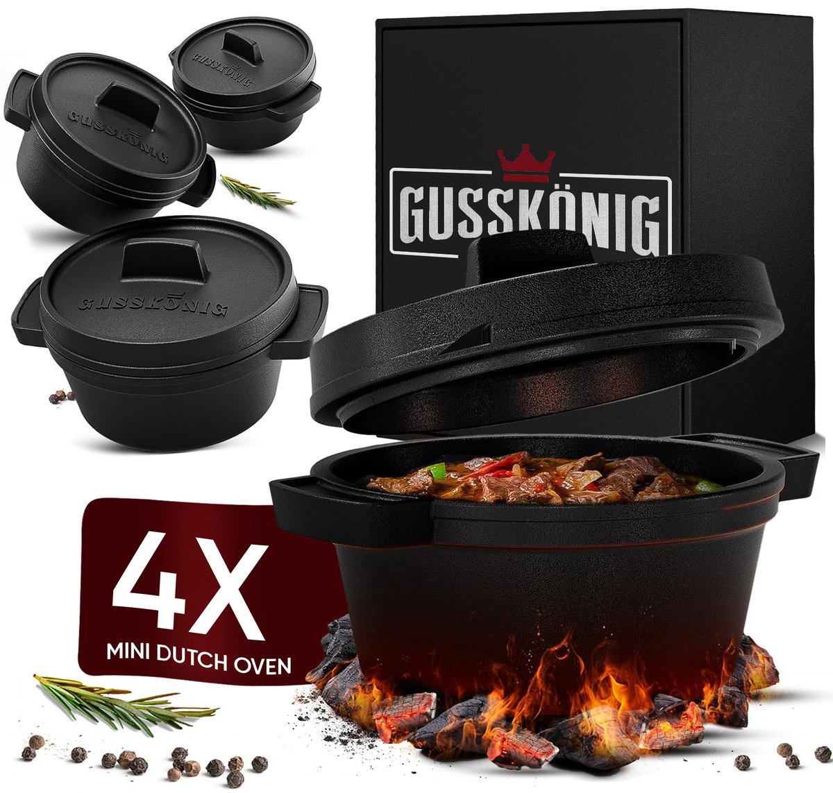 GUSSKÖNIG Ingebrande mini Dutch Ovens (set van 4, 300 ml) met deksel