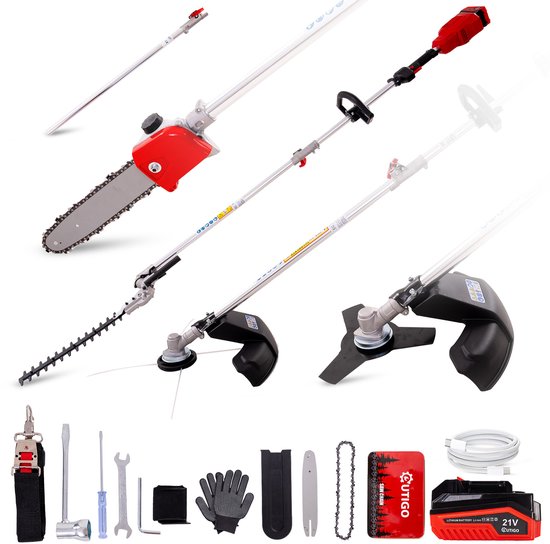 OUTIGO Accu Tuingereedschap 4-in-1 - snoerloze multifunctionele tuingereedschap met lange steel: grastrimmer, kettingzaag, bosmaaier, heggenschaar, met 1,2 m verlengsnoer en 1*4Ah accu