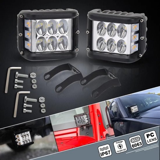 Twee zwarte LED-lampen met acht reflectoren en vier oranje LED's, met montageonderdelen en afbeeldingen van installatie.