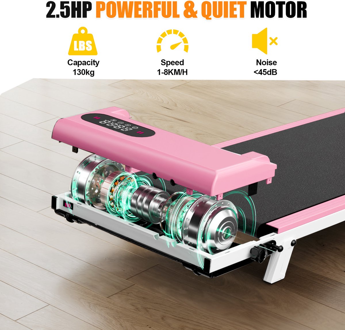 Afbeelding 2 van Opvouwbare loopband met 7% helling - 3-in-1 loopband Motor 2,5 pk- Walking Pad 1-8 km/u instelbaar - Oppervlak 38,5 x 90 cm - Roze