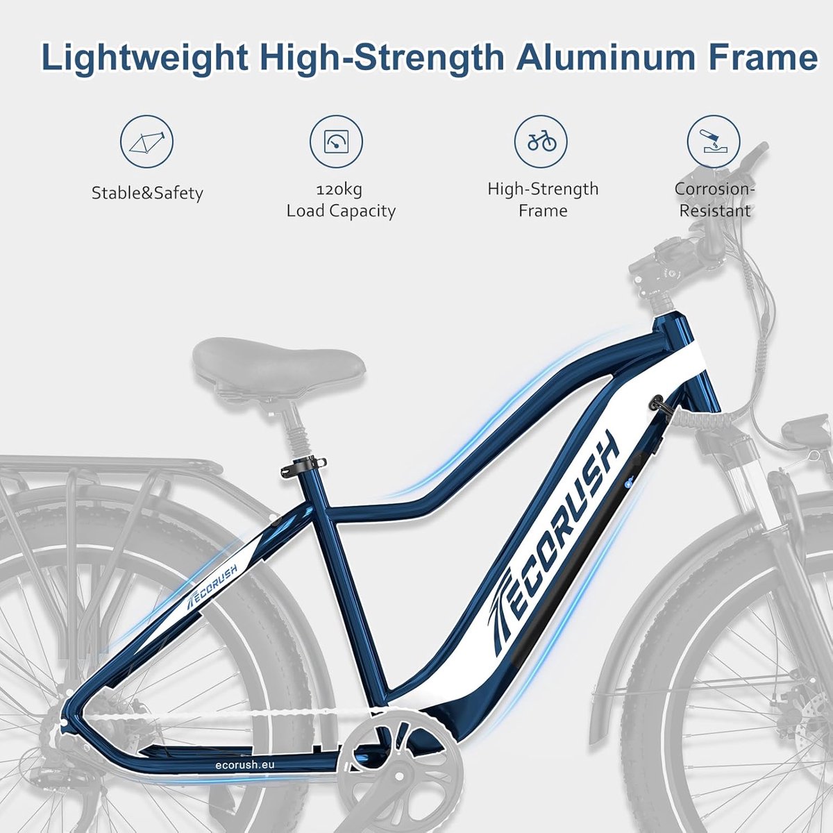 ECORUSH Elektrische Fiets ECO R1 - Trendy 26*4.0 Inch Fat Tire City Commuter EBike met Afneembare 48V 13Ah Lithium Batterij - Mountain E-Bike met 250W Motor - 7 Versnellingen - IP54 Waterdicht - afbeelding 3