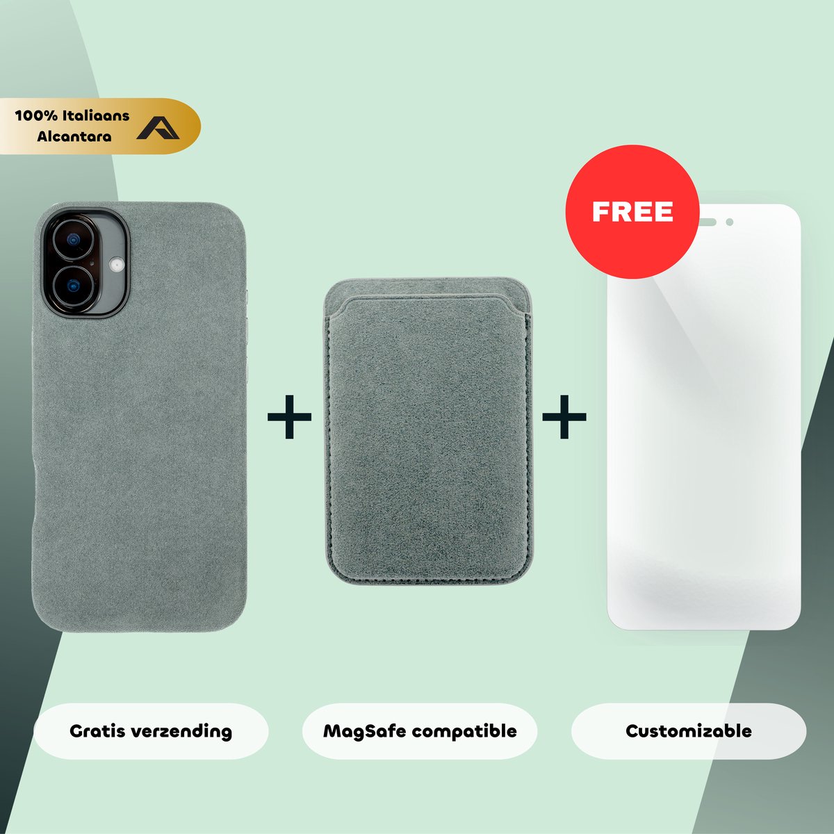 iPhone 16 – Alcantara Case + MagSafe Wallet + Gratis Screenprotector | Nardo Grey
