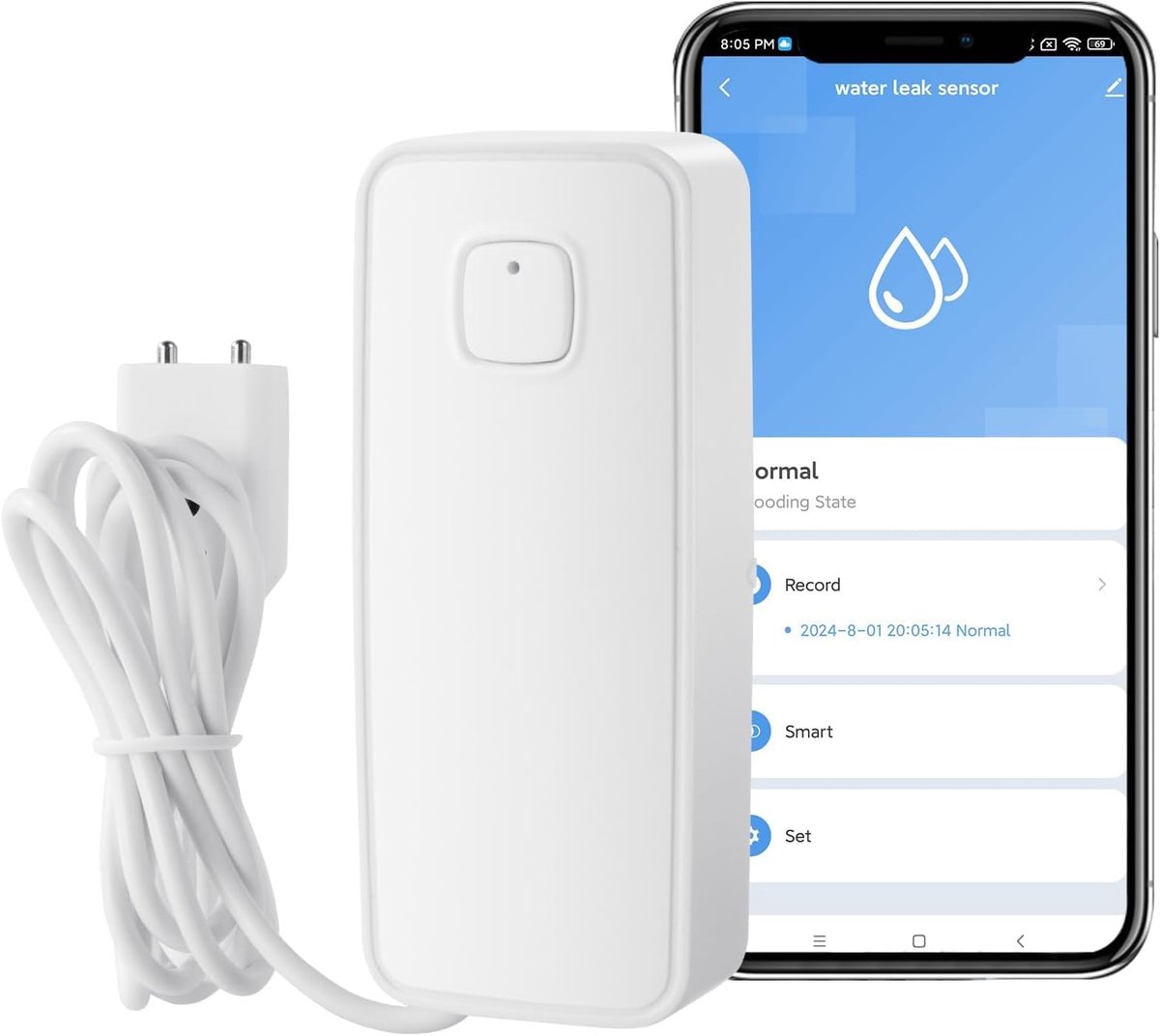 Slimme Wi-Fi Waterlekdetector met 80 dB Alarm en 1 m Sensor Kabel, App-Bewaking voor Keuken, Kelder en Badkamer