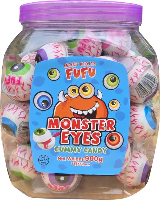 FUFU halloween candy Monster Eyes Rubberen snoepjes, 900 g, 50 stuks, Halloween-snoepjes, afzonderlijk verpakte 3D-oogappels, fruitgum, glotzer gevuld met pop-uplair in tiktiok, halal gum
