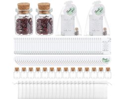 Set van 50 bruiloft bedankjes, huwelijkscadeaus voor gasten, grote verpakking inclusief bedankje, tafelkaarten, mini-kurkflessen, bedankkers, om op te hangen, organza geschenkzakjes voor bruidssets
