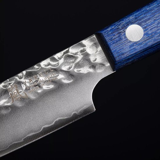 Couteau universel Yaxell BLUE BREEZE – 12 cm – Acier MOVAX – Finition martelée – Bois Pakka Blauw