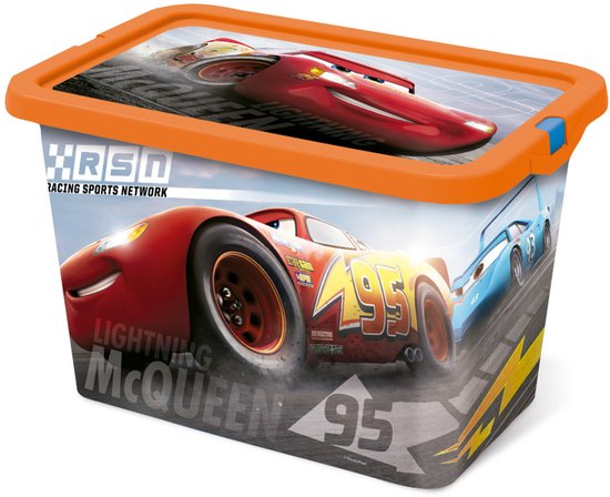 Opbergbox met opdruk van de Disney Cars personages Bliksem McQueen en Luigi, met oranje deksel.