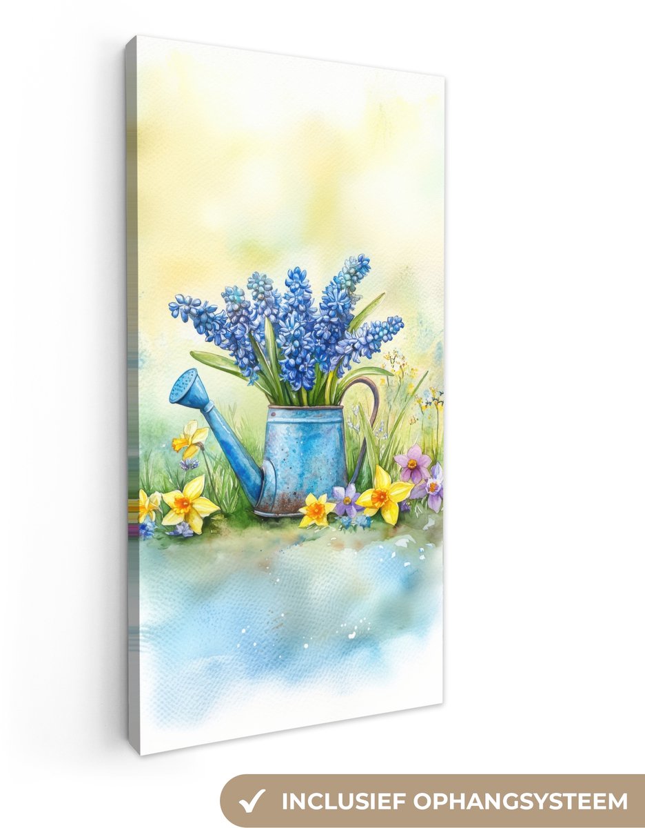 Canvas schilderij 20x40 cm - Exclusieve wanddecoratie Gieter - Lavendel - Bloesems - Muurd