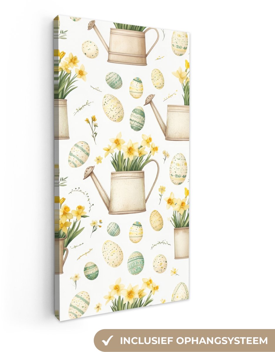 Canvas schilderij 40x80 cm - Exclusieve wanddecoratie Gieter - Bloemen - Eieren - Muurdeco