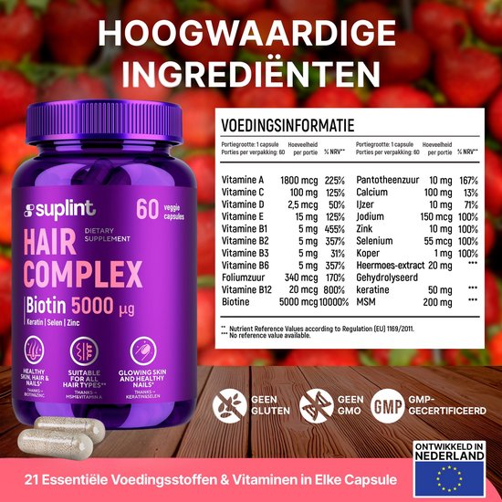 Pot met 60 vegan capsules 'Hair Complex Biotin 5000 µg' van Suplint. Ernaast een voedingsinformatie tabel.