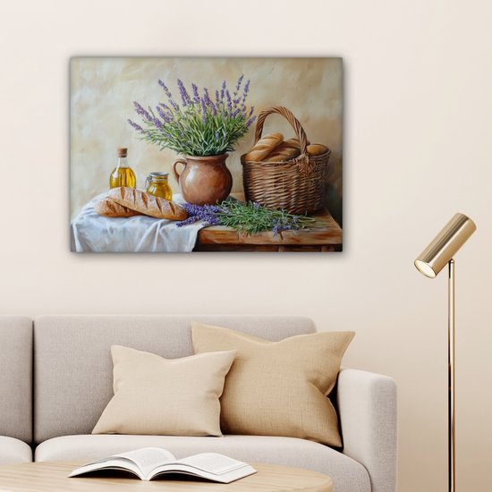 Peinture sur toile 80x60 cm - Décoration murale Lavande - Pain - Nature morte - Décoration murale murale salon - Décoration chambre - Accessoires de chambre - Peintures sur toile