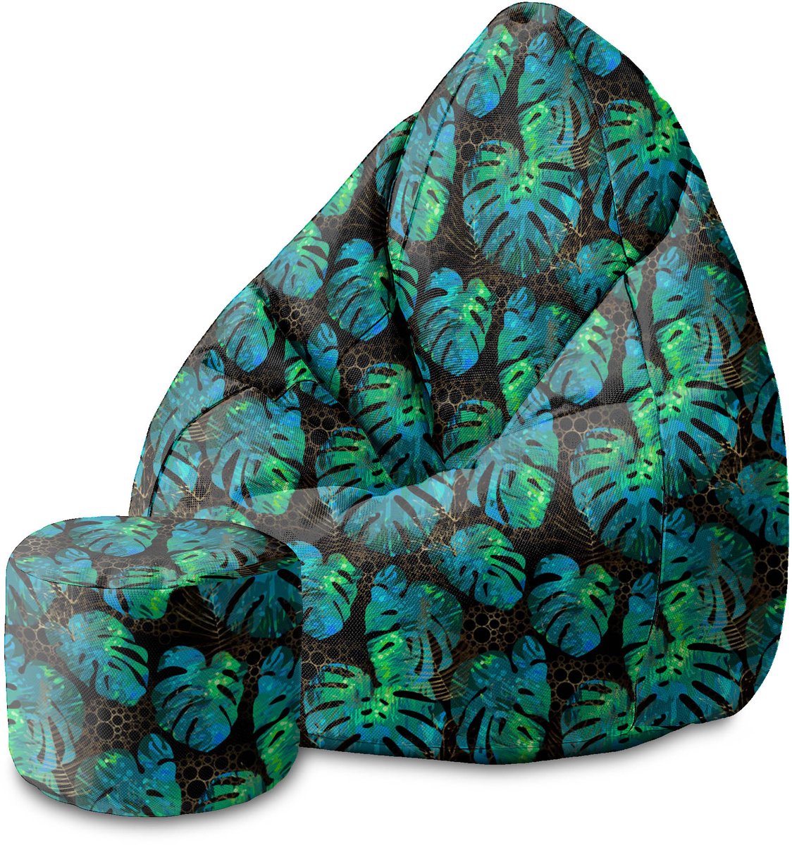 DreamRoots Velvet Zitzak voor Volwassenen – Luxe Beanbag met Voetsteun en Afneembare Hoes – Inclusief Vulling – 80x80x120 cm - Sea Green Monstera