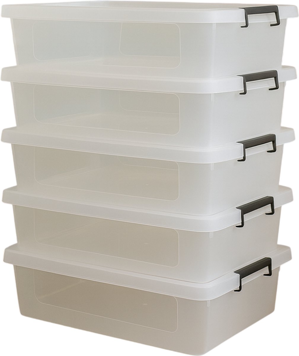 Opbergbox – Opbergdoos – Clipbox – Opbergbox met deksel – Set van 5 stuks – 12 Liter – Transparant – Stapelbaar – Met handvaten – 39x28x16