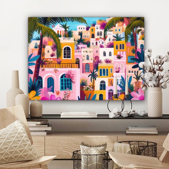 Canvas schilderij 80x60 cm - Exclusieve wanddecoratie Kleurrijk - Roze - Oranje - Geel - Bloemen - Muurdecoratie woonkamer - Slaapkamer decoratie - Kamer accessoires - Schilderijen op canvas - Eclectisch - Aesthetic room decor