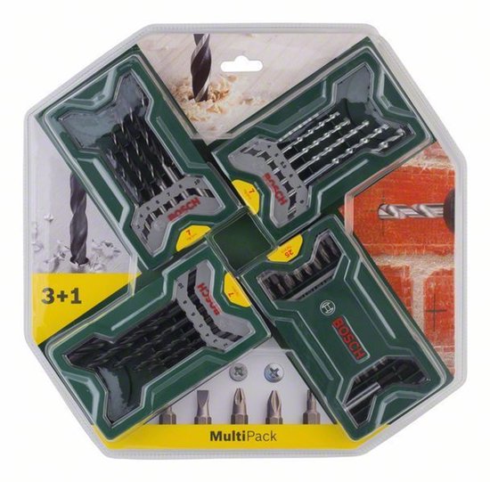 Bosch X-Line multipack boorset met schroefbits in groene verpakking met boorafbeeldingen.