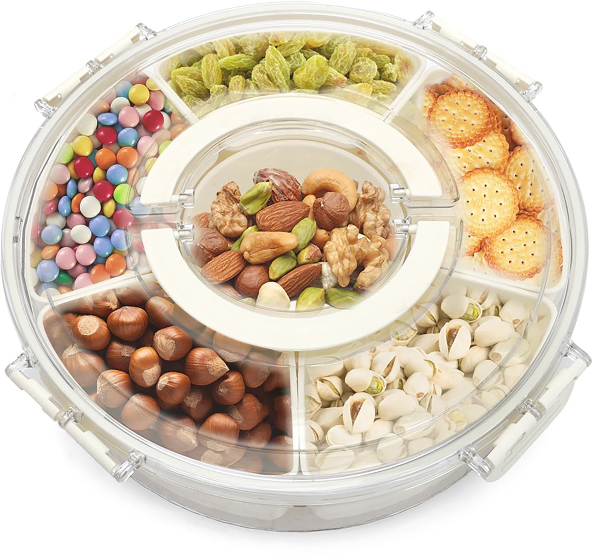 Snackspinner, draaibare opbergdoos, snackdispenser voor kinderen met 6 vakken, snackdoos met deksel en handvat, geschikt voor het bewaren van snacks, snoep, koekjes en fruit, 27 cm