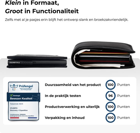 Twee zwarte pasjeshouders, één plat en één met veel pasjes erin. Daaronder een testrapport.