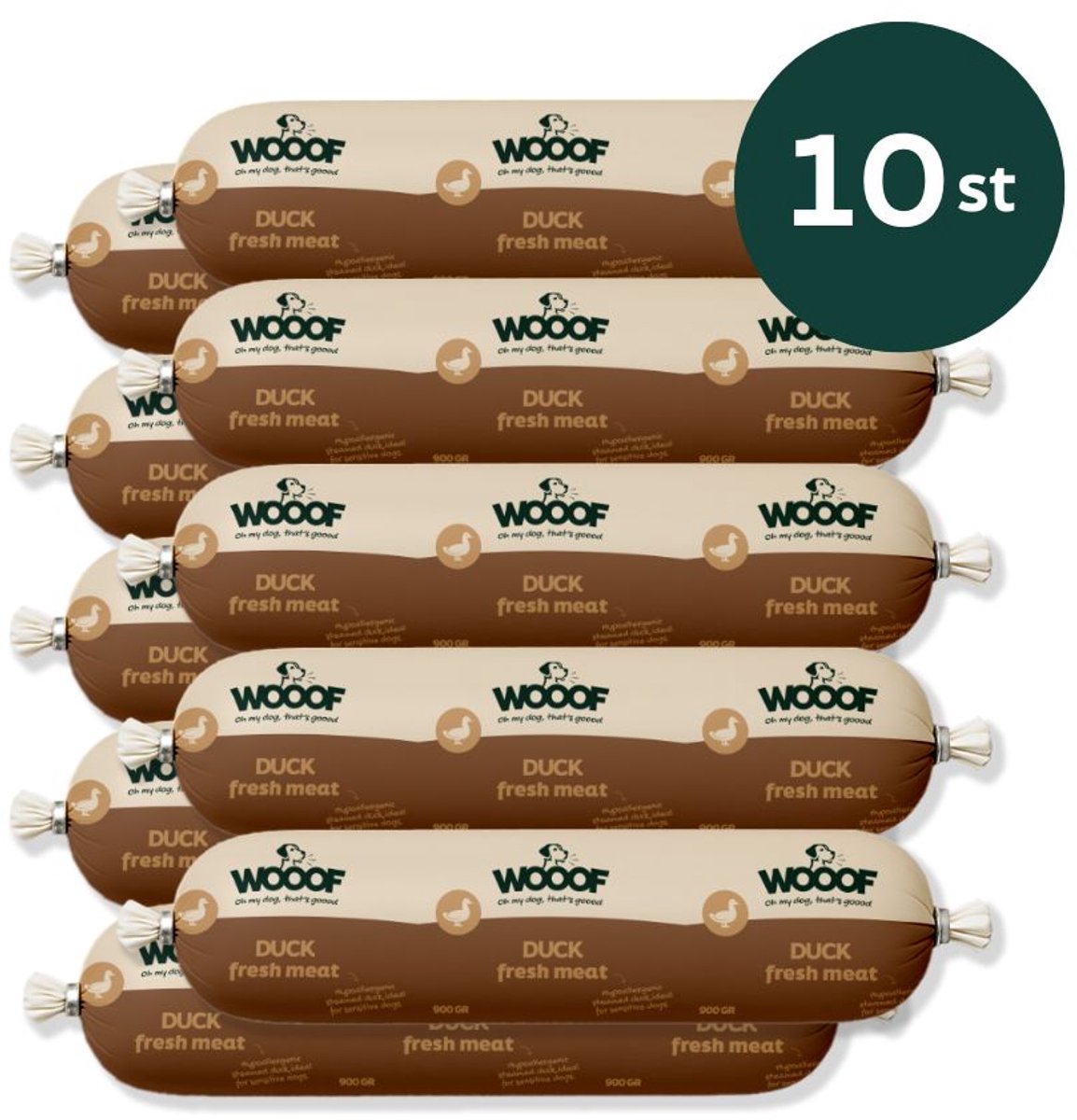 WOOOF Honden worsten Eend Vers vlees natvoer - Houdbare worsten hondenvoer - 10x 800gram