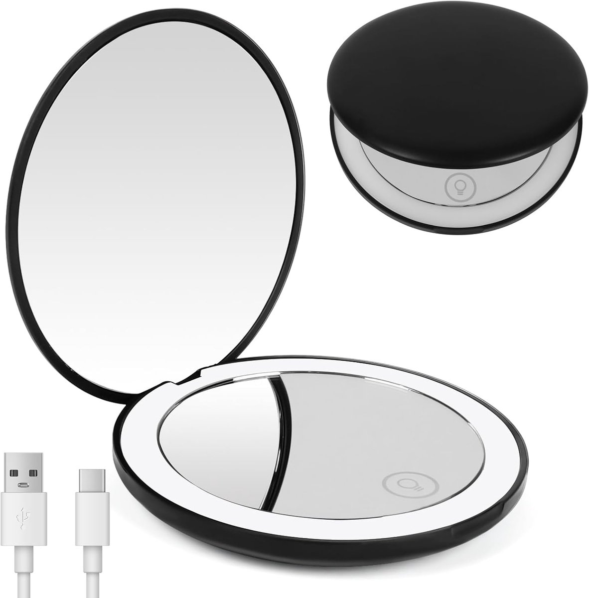 Ynkkvre - Draagbare LED Compact Spiegel - Mini LED Zakspiegel met 1×/10× Vergroting - Dubbelzijdige Make-up Spiegel met Licht - Reis Cosmeticaspiegel - Cadeau voor Vrouwen (Zwart)