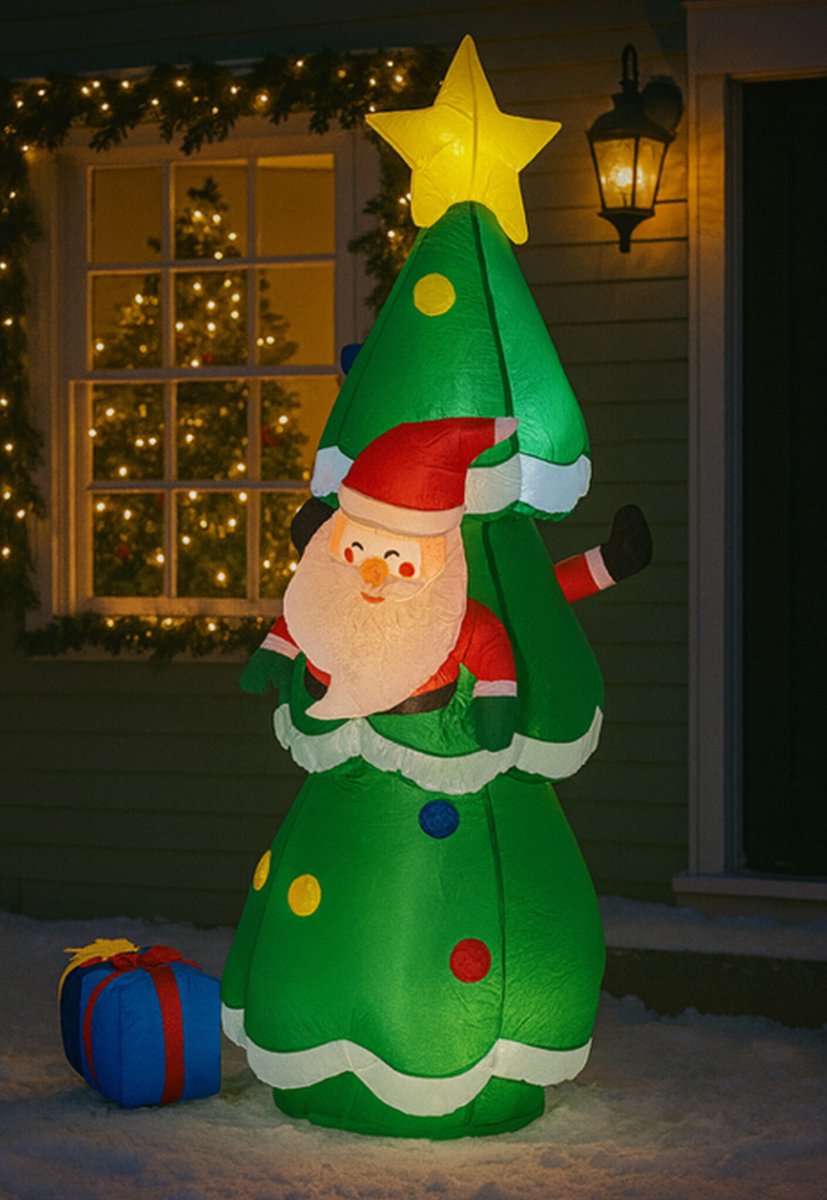 HEM Opblaasbare Kerstboom met Kerstman – 183 cm Hoog – Met LED Verlichting – Inclusief Opbergzak, Blower, Grondpennen en Scheerlijnen