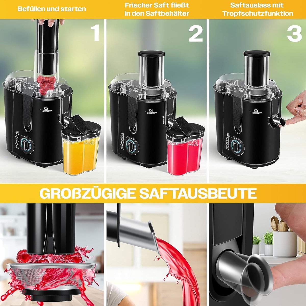 Luxe Slowjuicer – Sapcentrifuge Groenten en Fruit – Blender – Roestvrij Staal – Automatisch Schoonmaken – Instelbare Snelheid – 1100W – Zwart thumbnail 4
