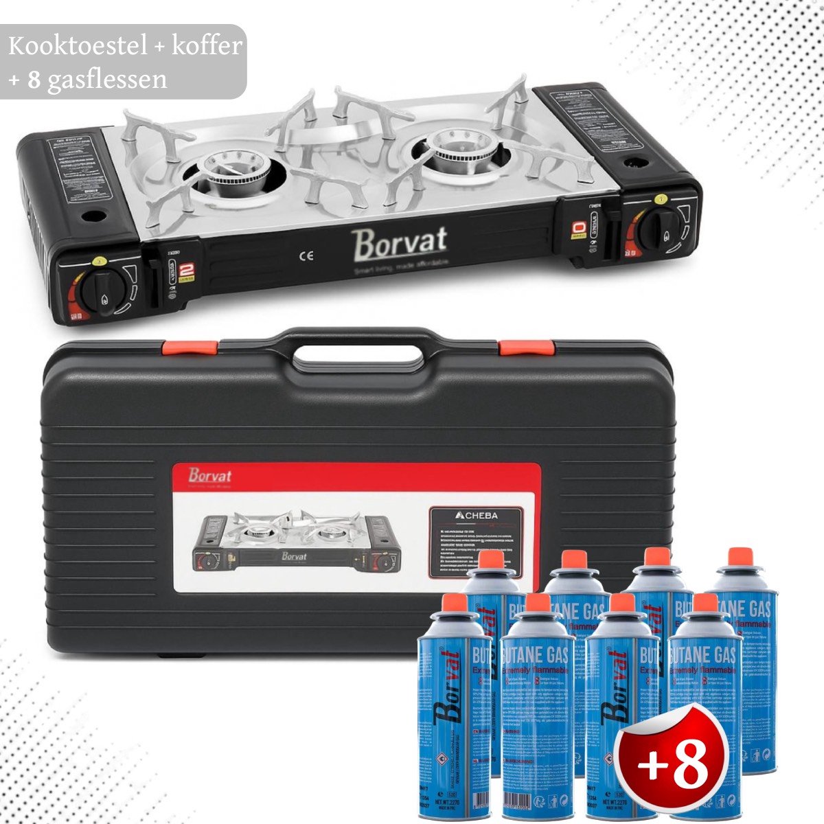 Camping Kookstel - Kooktoestel - Kampeer kookstel - Gasstel - Gaspit - Kookplaat - Elektronische ontsteking - 2 Pits - met koffer - 8 Gasflessen