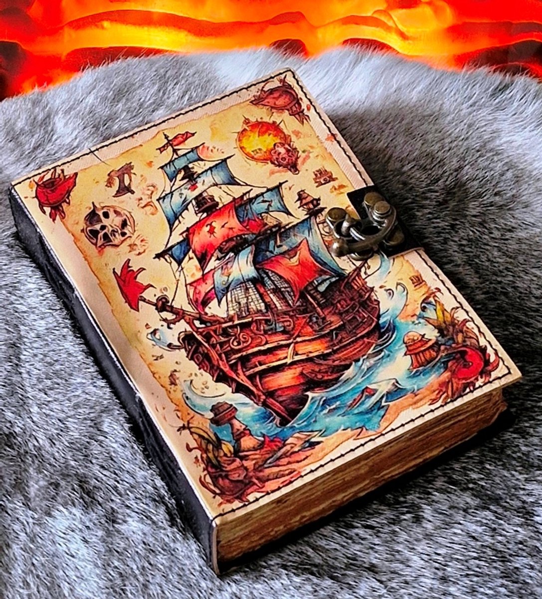 Leren Dagboek Piraten Schip - Leren Journal Piraten Boot - 18x13cm - Leren Notitieboek Piraten Schip - Handgemaakt