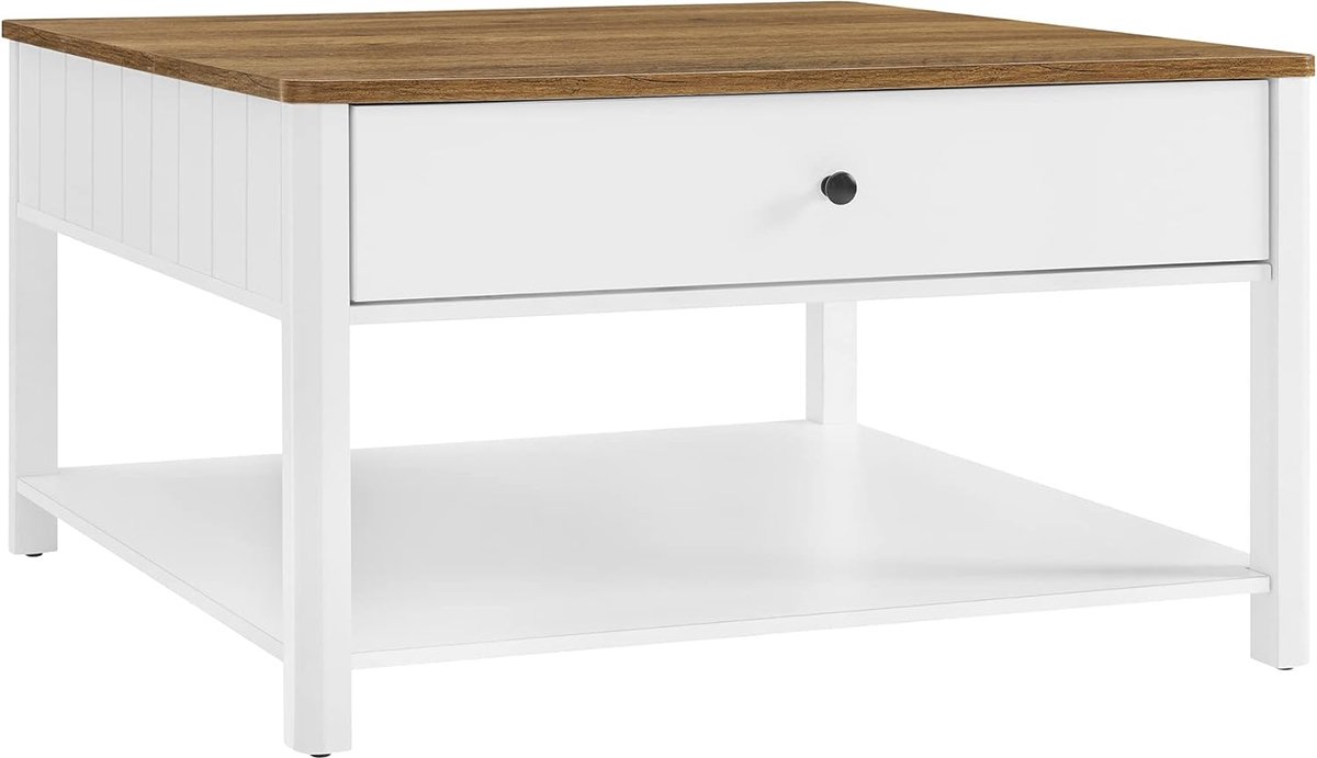 VASAGLE Salontafel, woonkamertafel, banktafel, 2 grote laden, met poten, veel opbergruimte, maritieme stijl, 80 x 80 x 45 cm, voor woonkamer, walnootbruin-wit LCT207T14