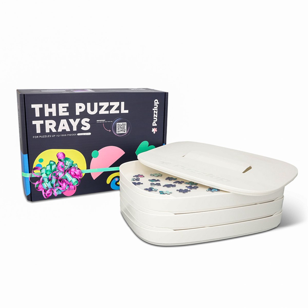 Puzzlup Puzzel sorteerbakjes – Set van 6, stapelbaar, met deksel & dooshouder – Tot 1500 stukjes – Creme Wit - Limited Edition